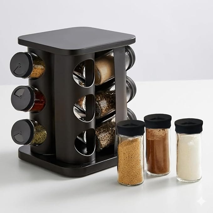 Porta Temperos Giratório 360° com 12 Potes de Vidro 85ml Preto Organizador de Condimentos - Imagem 4