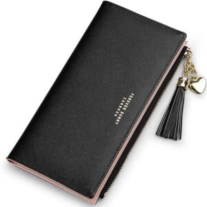 Carteira Feminina Longa Valentoria azul minimalista com zíper e tassel metálico