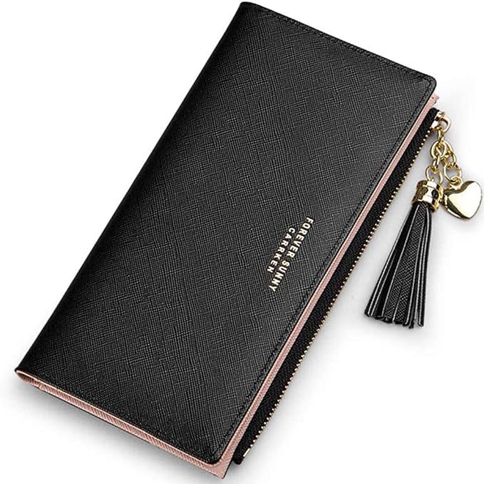 Carteira Feminina Longa Valentoria azul minimalista com zíper e tassel metálico