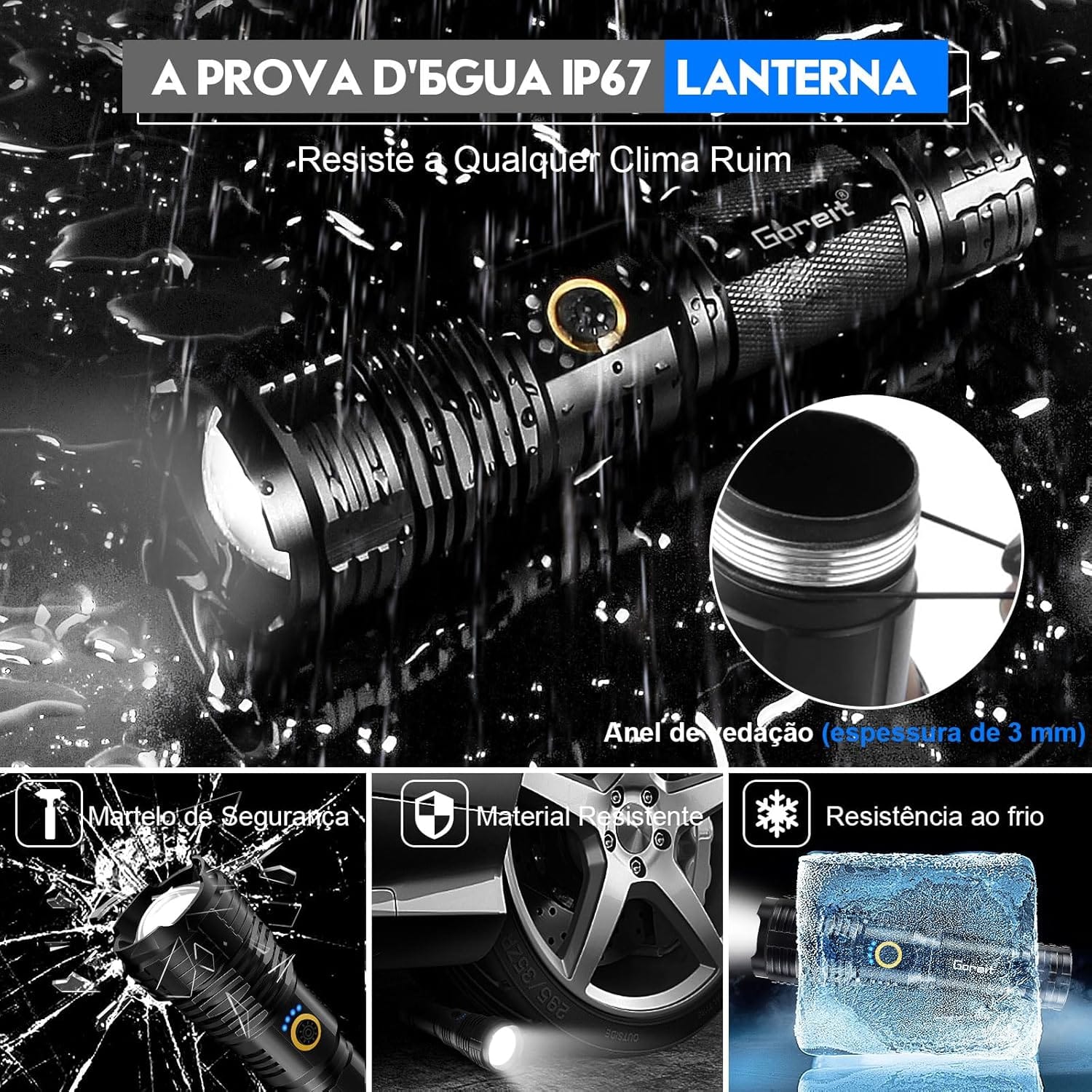 Lanterna LED Recarregável 10000 Lumens Goreit XHP70.2 com lanterna led recarregável 10000 lumens - bateria USB e estojo completo