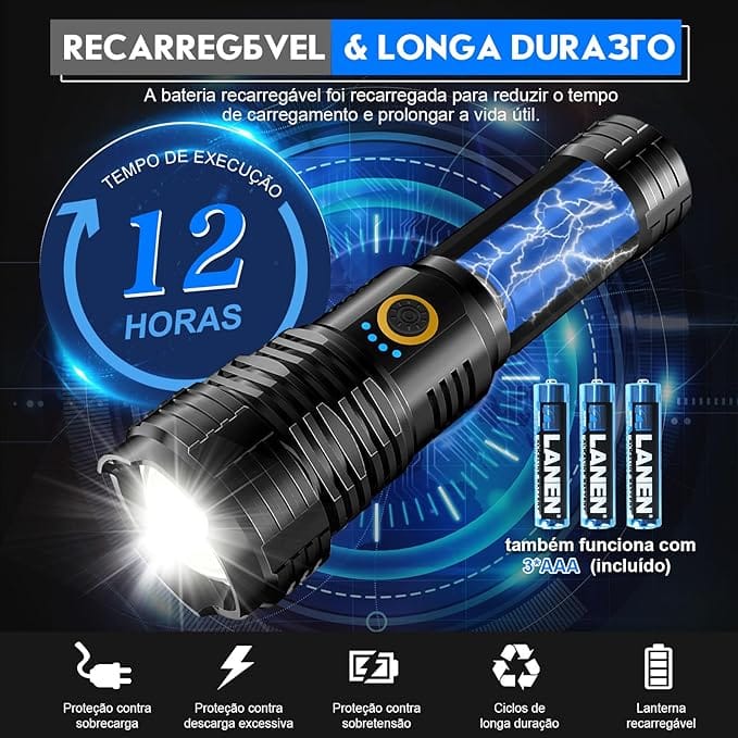 Lanterna LED Recarregável 10000 Lumens Goreit XHP70.2 USB - Imagem 4