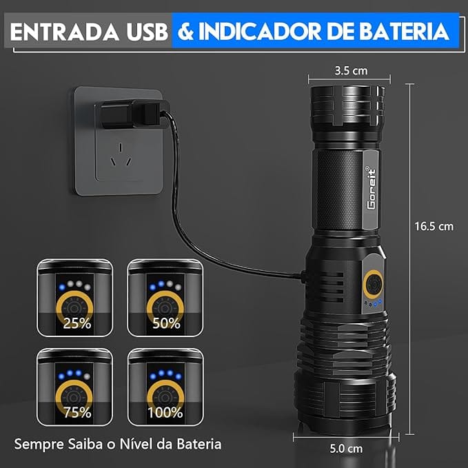 Lanterna LED Recarregável 10000 Lumens Goreit XHP70.2 USB - Imagem 5