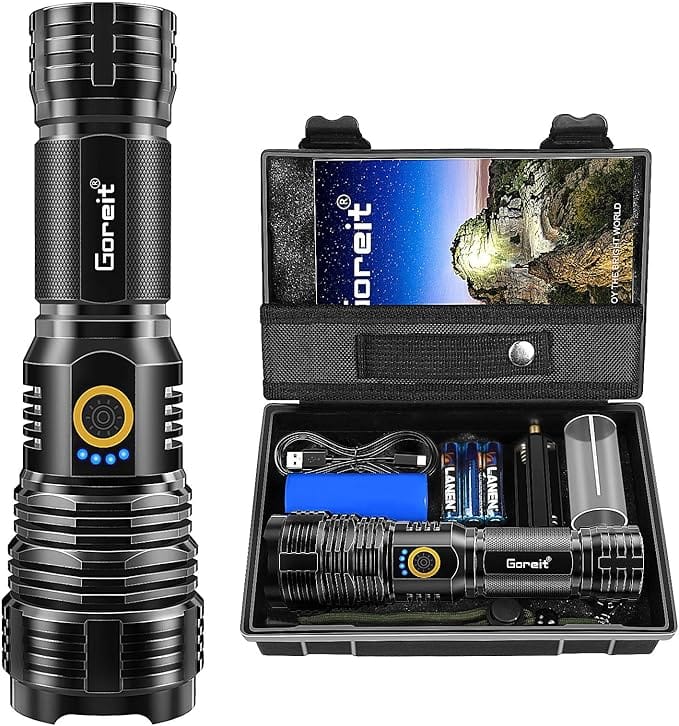 lanterna led recarregável 10000 lumens - Lanterna LED Recarregável 10000 Lumens Goreit XHP70.2 com bateria USB e estojo completo