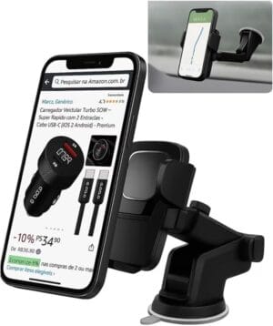Suporte veicular para celular com ventosa ultra forte instalado no painel do carro suporte-veicular-para-celular