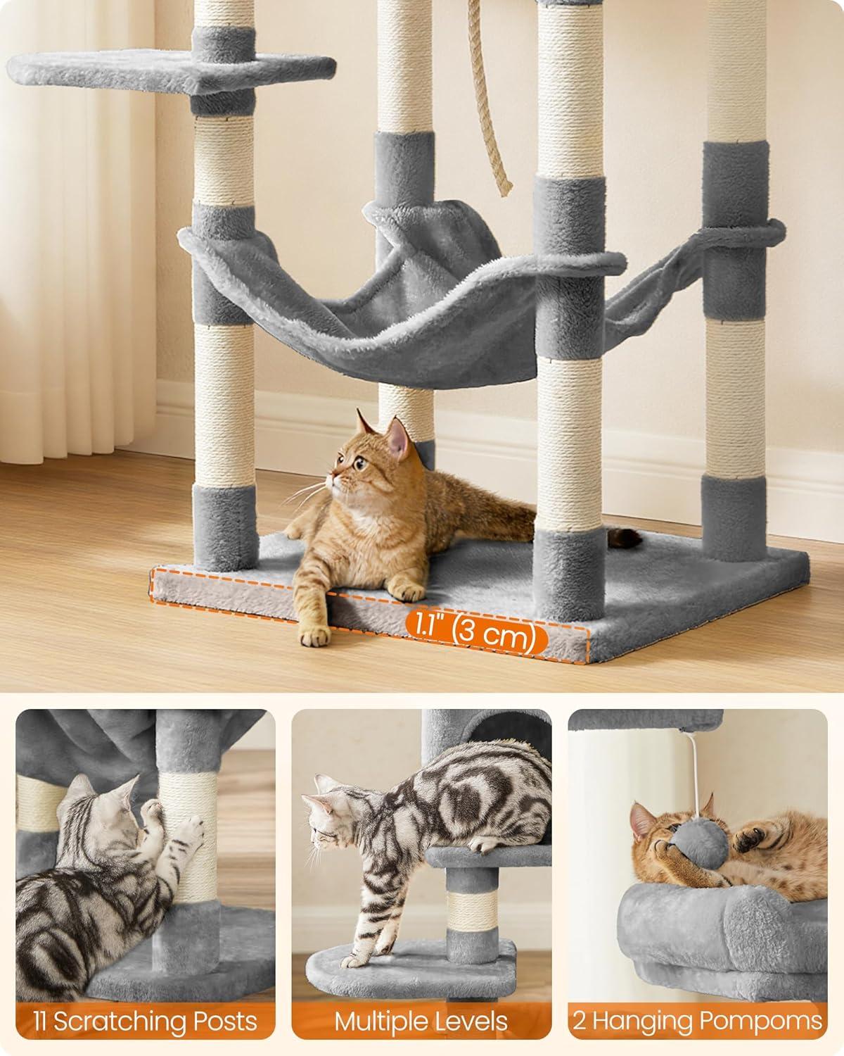 Árvore para Gatos Feandrea 143cm com Arranhador, Toca, Rede e Poleiros Premium - Imagem 3