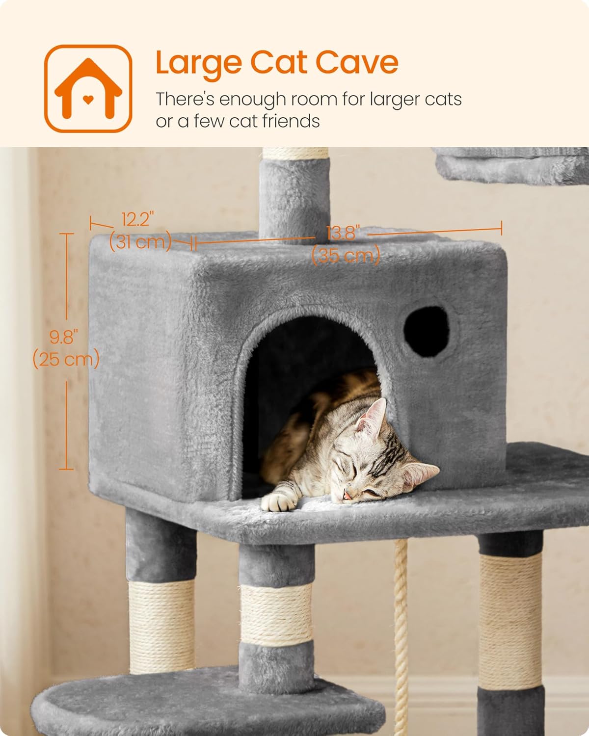 Árvore para Gatos Feandrea 143cm com Arranhador, Toca, Rede e Poleiros Premium - Imagem 4