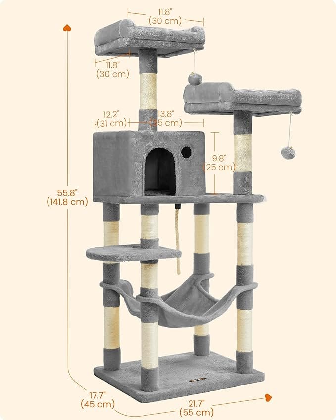 Árvore para Gatos Feandrea 143cm com Arranhador, Toca, Rede e Poleiros Premium - Imagem 6