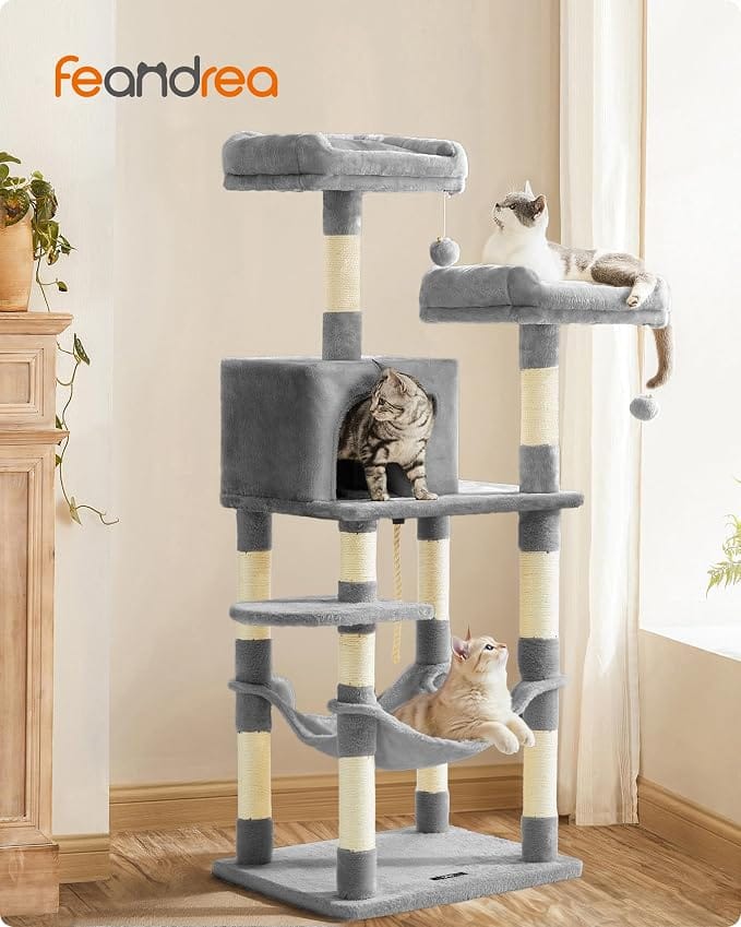Árvore para Gatos Feandrea 143cm com Arranhador, Toca, Rede e Poleiros Premium - Imagem 9