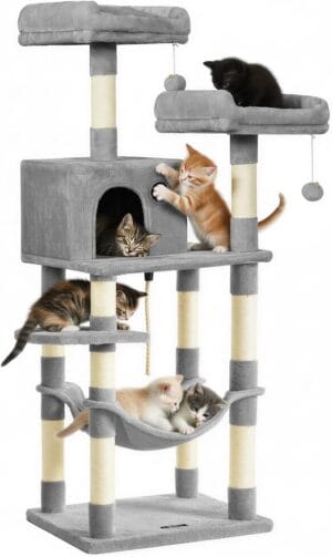 Árvore para Gatos Feandrea 143cm com arranhador, toca, rede suspensa e poleiros premium