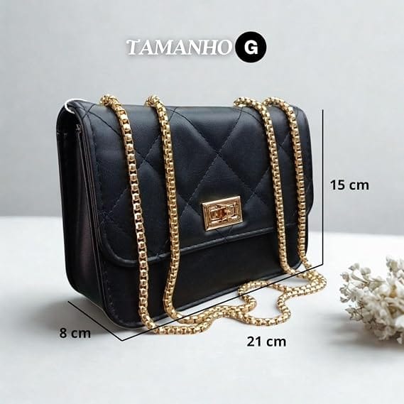 Bolsa de Ombro e Transversal Matelassê com Corrente Dourada Feminina Preta - Imagem 2