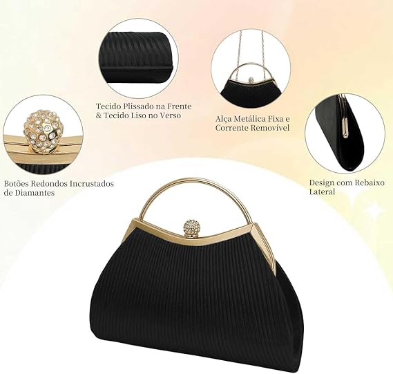 Bolsa Clutch Festa Feminina Preta Daystar com Alça Metálica e Corrente Removível - Imagem 3