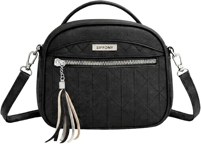 Bolsa Feminina Tiracolo Estilo Baú ESTLINY Preta em Couro Sintético com Alça Ajustável