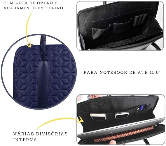 Bolsa Pasta Para Notebook Feminina FM Farmel Diamond Azul 15,6 Polegadas - Imagem 6