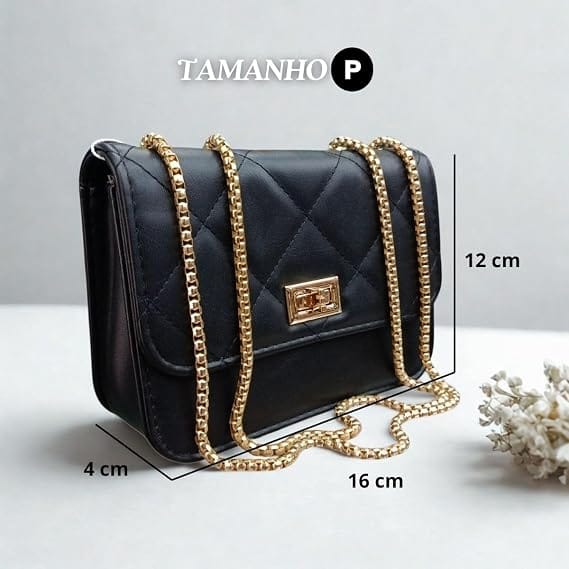 Bolsa de Ombro e Transversal Matelassê com Corrente Dourada Feminina Preta - Imagem 4