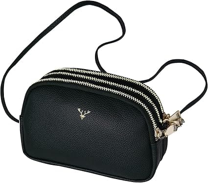 Bolsa Transversal Feminina ALTOMEX em Couro Vegano Preta com 3 Compartimentos e Alça Ajustável
