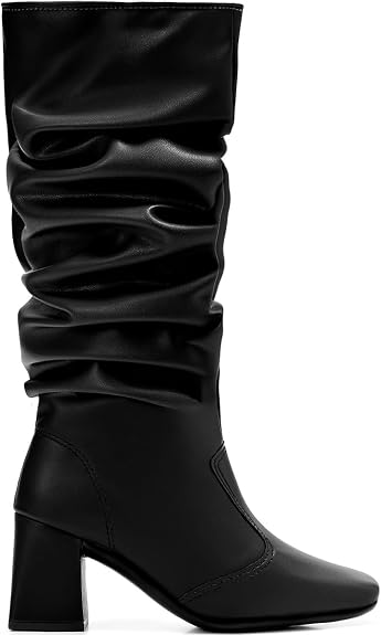 Bota Feminina Lumiss Cano Alto preta slouchy com salto bloco e bico quadrado