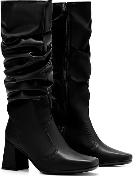 Bota Feminina Lumiss Cano Alto Enrugada Slouchy Salto Bloco Baixo Bico Quadrado - Imagem 2