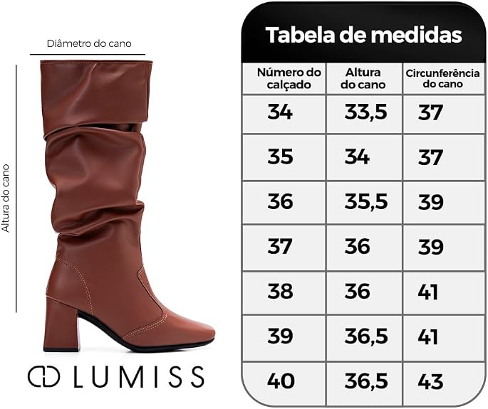 Bota Feminina Lumiss Cano Alto Enrugada Slouchy Salto Bloco Baixo Bico Quadrado - Imagem 6