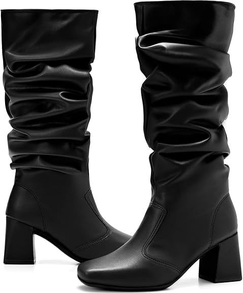 Bota Feminina Lumiss Cano Alto Enrugada Slouchy Salto Bloco Baixo Bico Quadrado - Imagem 3