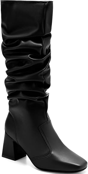 Bota Feminina Lumiss Cano Alto Enrugada Slouchy Salto Bloco Baixo Bico Quadrado - Imagem 7