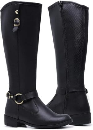 Bota Montaria Aurora Cano Longo feminina preta com zíper lateral e detalhes em fivela