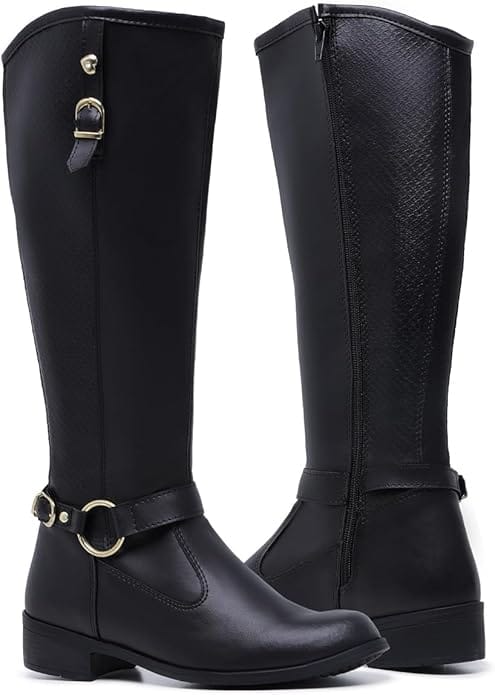 Bota Montaria Aurora Cano Longo feminina preta com zíper lateral e detalhes em fivela