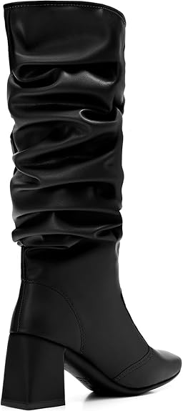 Bota Feminina Lumiss Cano Alto Enrugada Slouchy Salto Bloco Baixo Bico Quadrado - Imagem 4