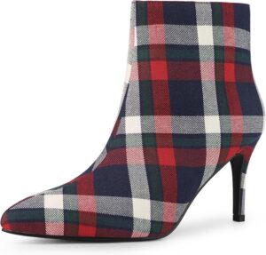 Bota Xadrez Feminina Salto Agulha frontal em estampa tartan azul marinho