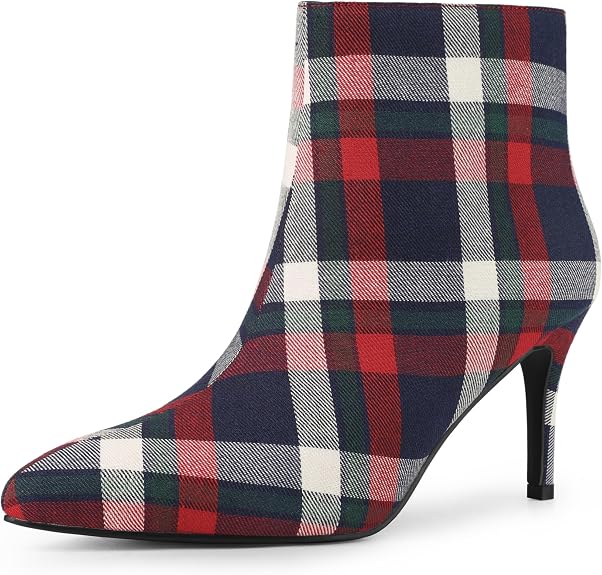 Bota Xadrez Feminina Salto Agulha frontal em estampa tartan azul marinho