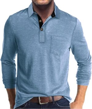 Camisa Polo Masculina Manga Comprida azul clara casual com bolso