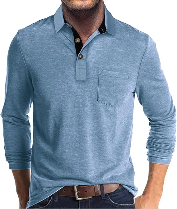Camisa Polo Masculina Manga Comprida azul clara casual com bolso