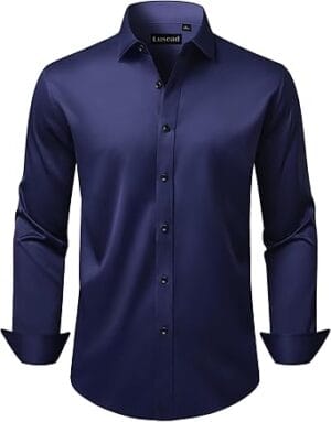 Camisa social masculina slim fit Lusead azul marinho manga longa sem rugas