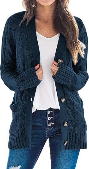 Cardigã Feminino PRETTYGARDEN azul marinho de tricô grosso com botões e frente aberta para inverno