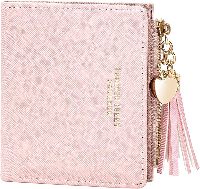 Carteira Feminina VALENTORIA rosa pequena com proteção RFID e pingente coração