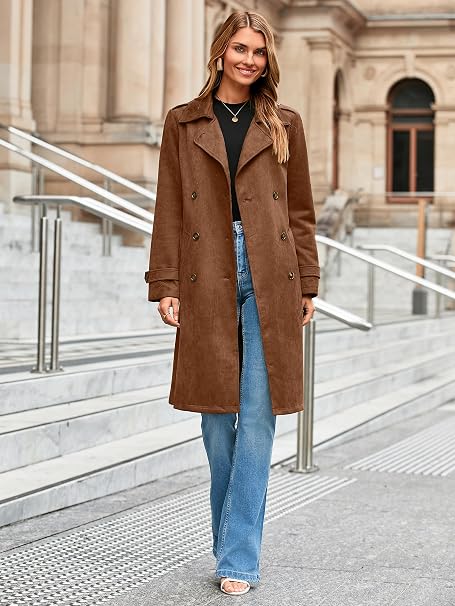 Casaco Trench Coat Feminino Simplee Camelo em Camurça Sintética com Cinto e Botões - Imagem 2