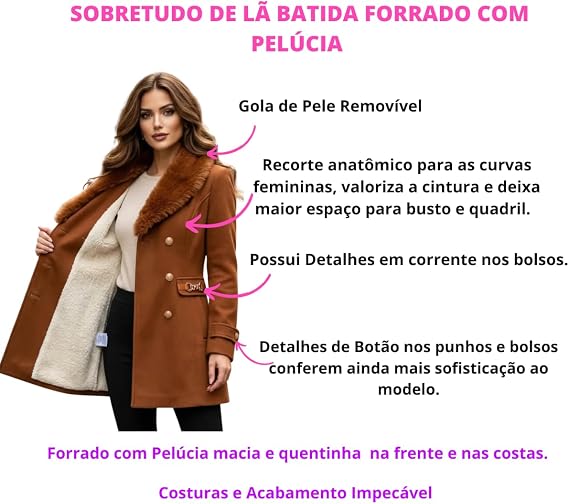 Sobretudo Feminino Luxo Cereja Brasil com Gola Peluciada Removível e Botões Dourados - Imagem 5