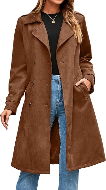 Casaco Trench Coat Feminino Simplee Camelo em Camurça Sintética com Cinto e Botões - Imagem 7