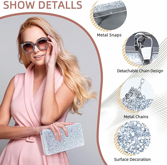 Bolsa Clutch Festa Feminina Prata Full Diamond DAYSTAR com Corrente Removível - Imagem 6