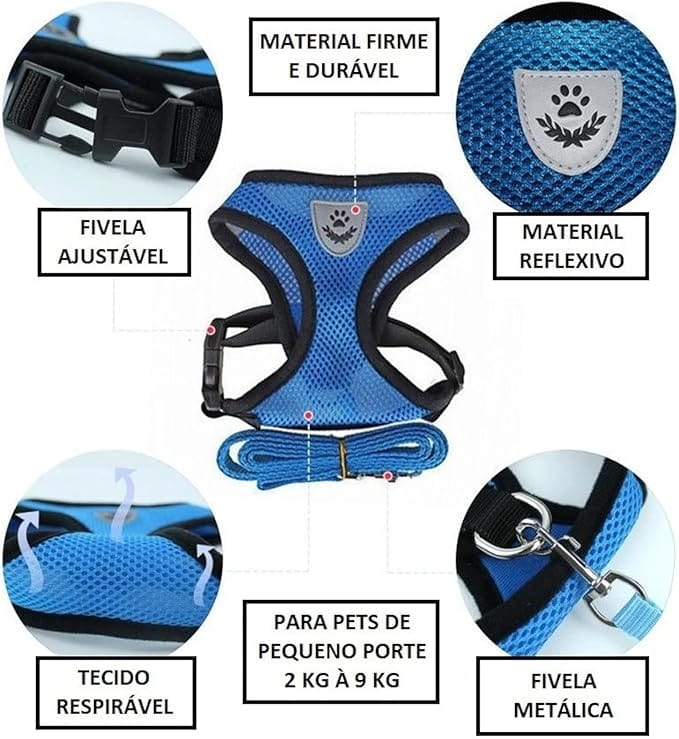 Coleira Peitoral Anti Puxão com Guia para Cães e Gatos NEXUS MARKET Azul - Imagem 5