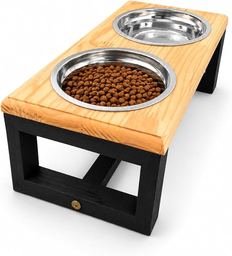 Comedouro Elevado Duplo para Cães e Gatos em Madeira com Tigelas Inox 400ml