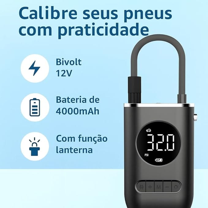 Compressor Bomba de Ar Portátil Digital com Lanterna LED e Calibrador Automático - Imagem 7