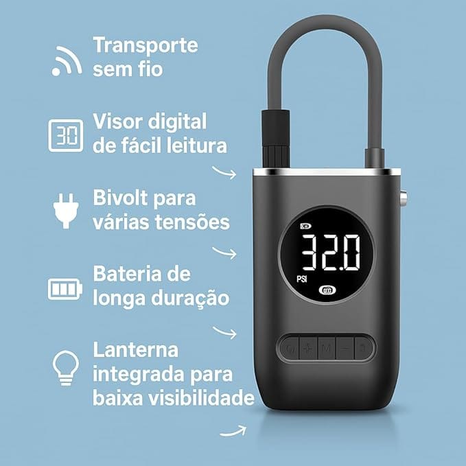 Compressor Bomba de Ar Portátil Digital com Lanterna LED e Calibrador Automático - Imagem 6