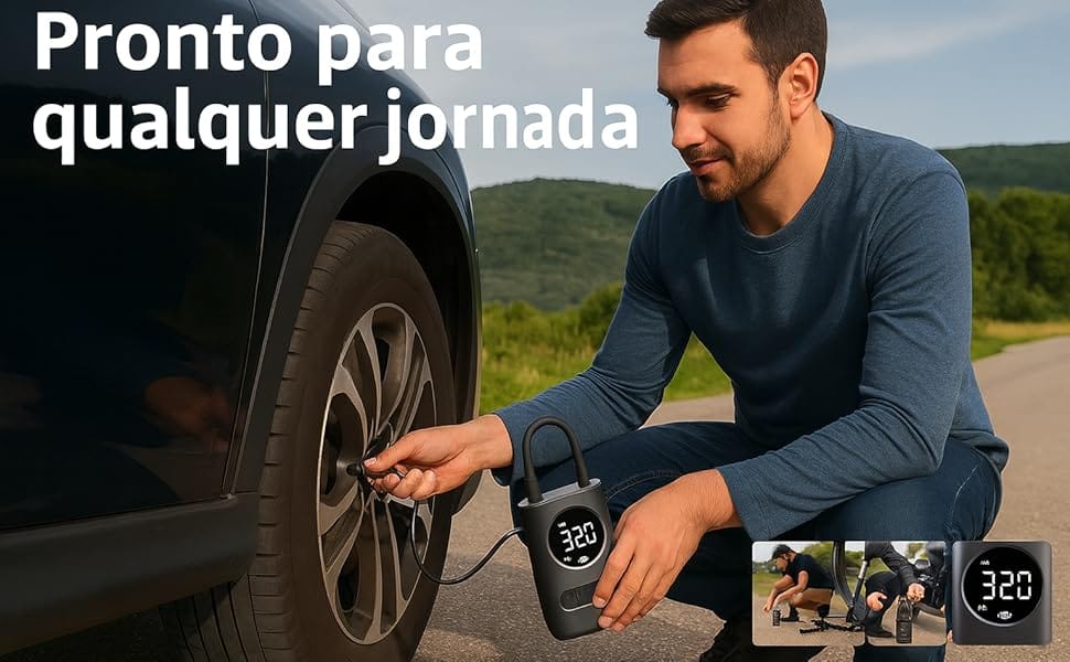 Compressor Bomba de Ar Portátil Digital com visor LED e calibrador automático para pneus