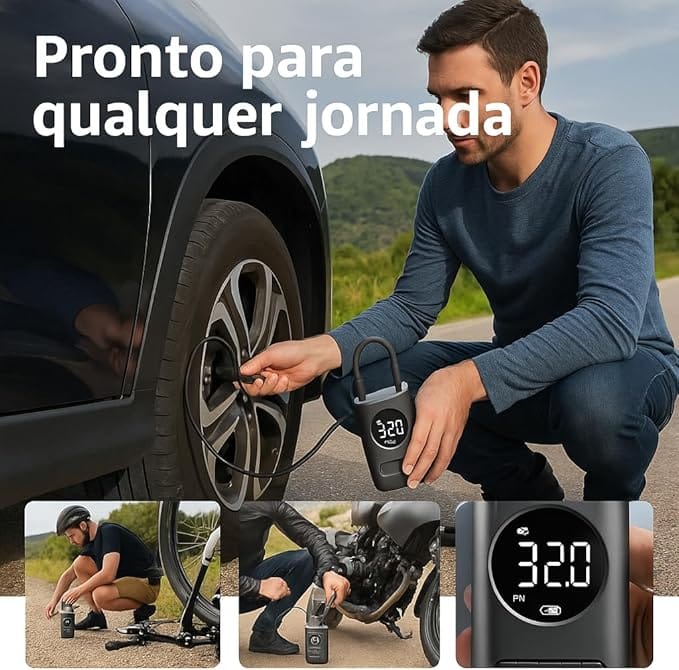 Compressor Bomba de Ar Portátil Digital com Lanterna LED e Calibrador Automático - Imagem 8