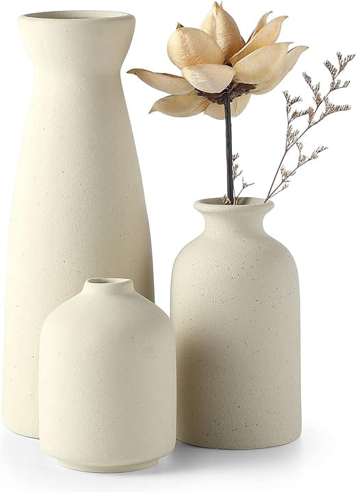 Conjunto de Vasos Decorativos Cerâmica Bege CEMABT com 3 peças para decoração moderna
