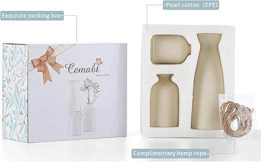 Conjunto de Vasos Decorativos Cerâmica Bege CEMABT 3 Peças Estilo Boho Moderno - Imagem 6