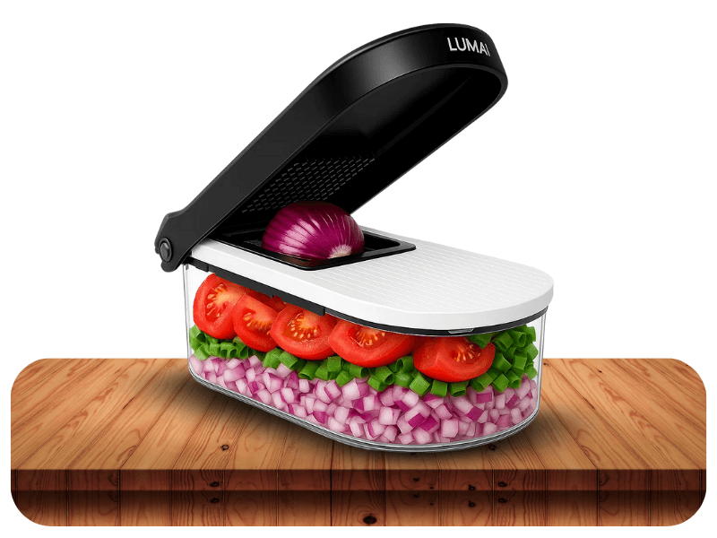 Cortador de Legumes Multifuncional LUMAI 6 em 1 com recipiente coletor de 1,2 litro e lâminas em aço inox