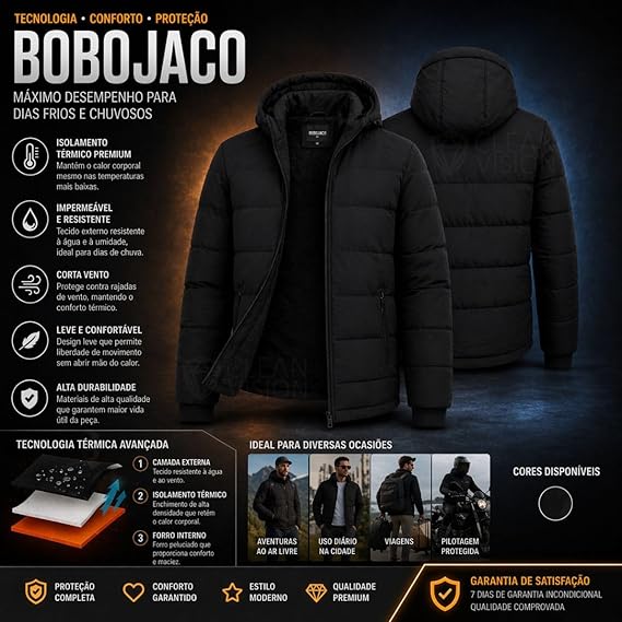 Jaqueta Masculina Bobojaco Forrada Térmica Peluciada Impermeável com Capuz Removível - Imagem 6