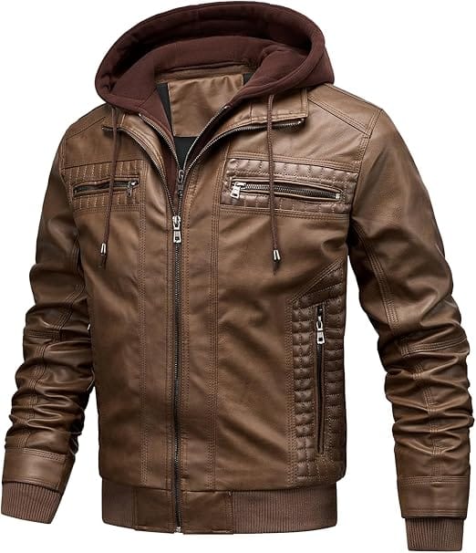 Jaqueta Masculina de Couro com Capuz Removível FTIMILD Aviador Impermeável Marrom - Imagem 7