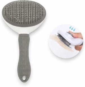 Escova Pet Removedora de Pelos Autolimpante para cães e gatos com cerdas flexíveis e cabo anatômico cinza